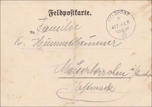 B&M: Feldpostkarte 1939 mit Angabe der Feldpostnummer 05027, Frühes Datum