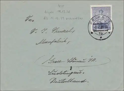 B&M: Brief von Prag ins Sudetengau 1939