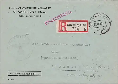 Oberversicherungsamt Strassburg im Elsass nach Karlsruhe 1942