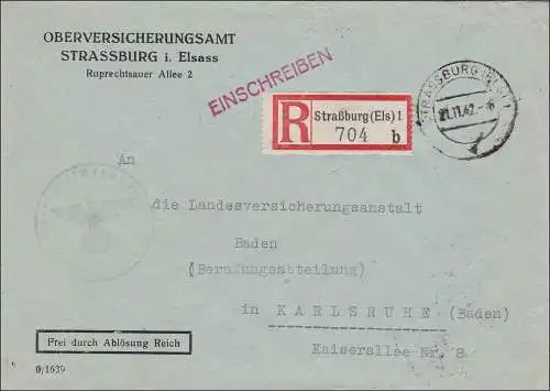 Oberversicherungsamt Strassburg im Elsass nach Karlsruhe 1942