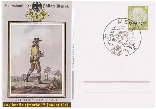 Lorraine: 1941, entier P2 de Metz à la journée du timbre