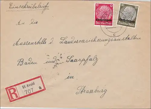 Lothringen: Einschreiben von St. Avold nach Strassburg 1941