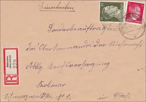Elsass: Einschreiben Mühlhausen Illzath nach Kolmar 1943