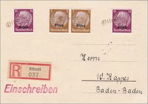 Alsace: Lettre recommandé de Ottrott à Baden-Baden