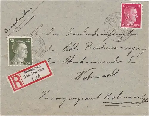 Alsace: lettre recommandée Mühlhausen à Kolmar à l'OCW 1943