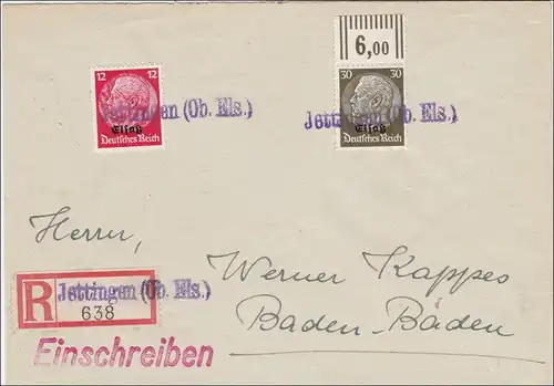 Elsass: Einschreiben Jettingen nach Baden Baden 1940
