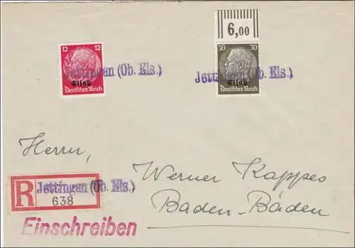 Elsass: Einschreiben Jettingen nach Baden Baden 1940