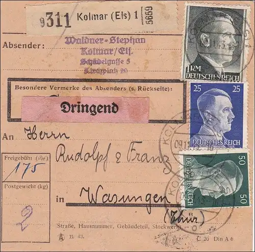 Elsass: Paketkarte Dringend von Kolmar nach Wasungen 1943