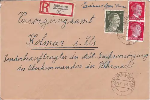 Elsass: Einschreiben von Mühlhausen nach Kolmar 1943