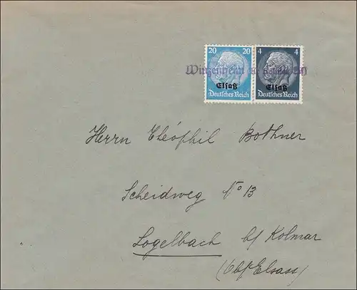 Alsace: Lettre de Winzenheim à Logelbach près de Kolmar 1940