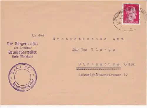 Alsace: Lettre de Berhardsweiler-Maire-à Strasbourg avec le courrier ferroviaire 1943