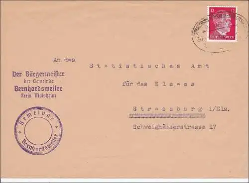 Elsass: Brief aus Berhardsweiler-Bürgermeister-nach Strassburg mit Bahnpost 1943