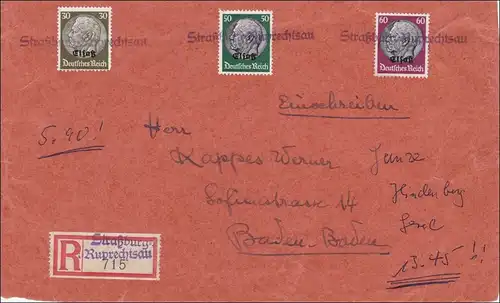 Elsass: Einschreiben von Ruprechtsau/Strassburg nach Baden Baden 1940