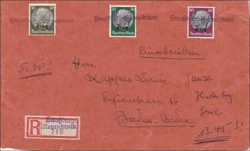 Elsass: Einschreiben von Ruprechtsau/Strassburg nach Baden Baden 1940