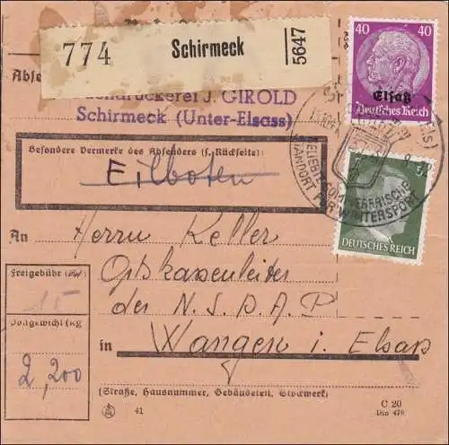 Elsass:Paketkarte Schirmeck nach Wangen/Elsass an Ortskassenleiter  1941