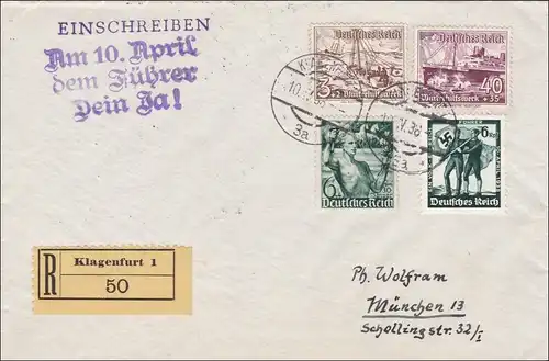 Autriche: Klagenfurt: Propaganda Connexion 10 avril 1938 R-Lettre à Munich