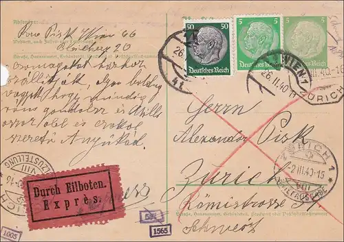 Österreich: Wien nach Zürich 1940 per Eilboten mit Zensur auf Ganzsache