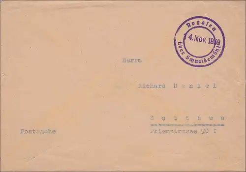 Postsache: Rogasen über Schneidermühl 14.11.1939