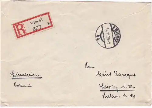 Österreich: 1939, Postsache aus Wien als Einschreiben nach Leipzig