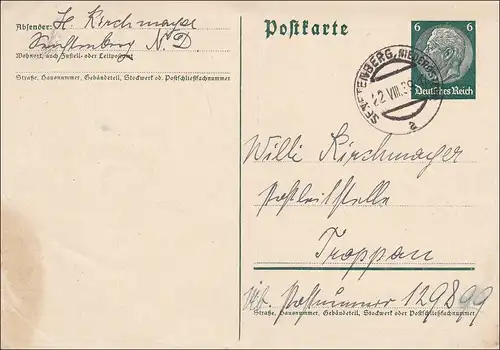 Carte postale: Exercise entier de Feldpost 22.VIII 1939, Sindeltenberg Niederöst