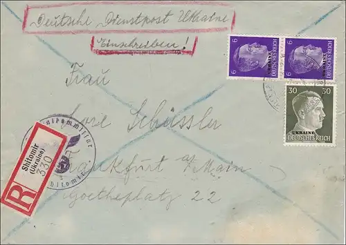 Ukraine: Einschreiben Deutsche Dienstpost Shitomir nach Frankfurt 1942
