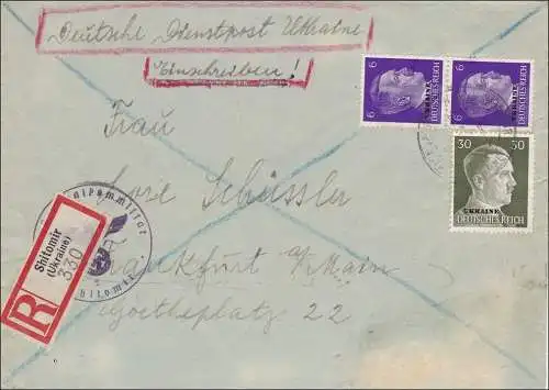 Ukraine: Einschreiben Deutsche Dienstpost Shitomir nach Frankfurt 1942