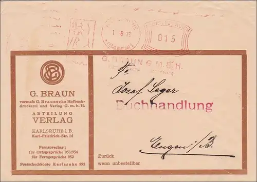 Freistempel: Buchhandlung Karlsruhe nach Engen 1933