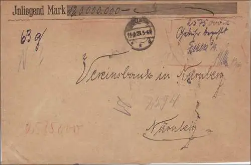 Gebühr bezahlt: Werbrief 1923, hanschriftlich bestätigt, nach Nürnberg