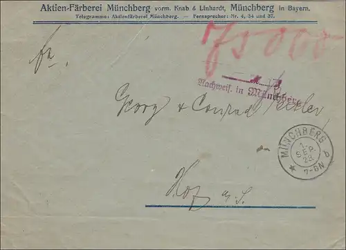 Gebühr bezahlt: Färberei Münchberg, 1923, Nachweis ...