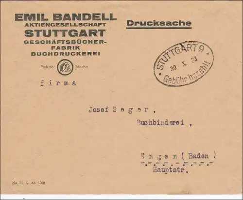 Gebühr bezahlt: Geschäftsbücher Stuttgart 1923