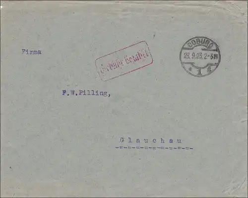 Gebühr bezahlt: Brief aus  Coburg 1923 nach Glauchau