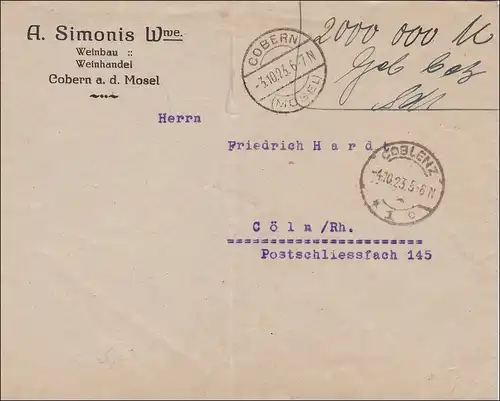 Frais payés: Lettre de Cobern, Vignoble/Commerce vinique vers Cologne 1923
