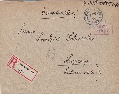 Frais payés: Lettre de Dürrhennersdorf 1923 à Leipzig