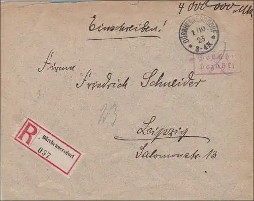 Frais payés: Lettre de Dürrhennersdorf 1923 à Leipzig