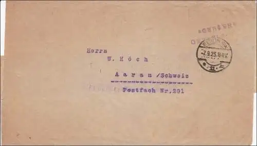 Frais payés: Lettre de Berlin à Aaran/Suisse 1923