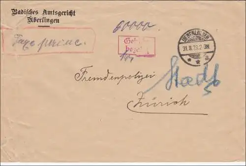 Frais payés: Lettre de Geberlingen à Zurich, tribunal d'arrondissement 1923