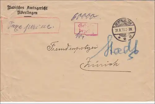 Gebühr bezahlt: Brief aus Überlingen nach Zürich, Amtsgericht 1923