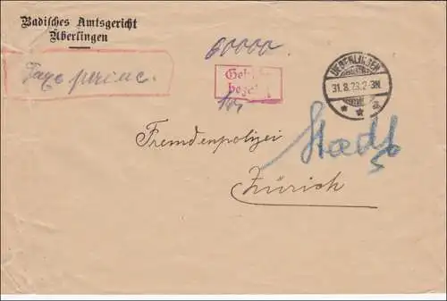 Gebühr bezahlt: Brief aus Überlingen nach Zürich, Amtsgericht 1923