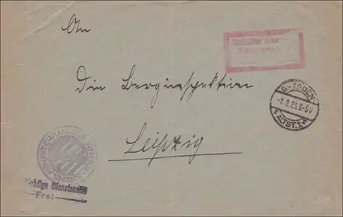 Gebühr bezahlt: Brief aus Dresden, Innenministerium, 1923 nach Leipzig