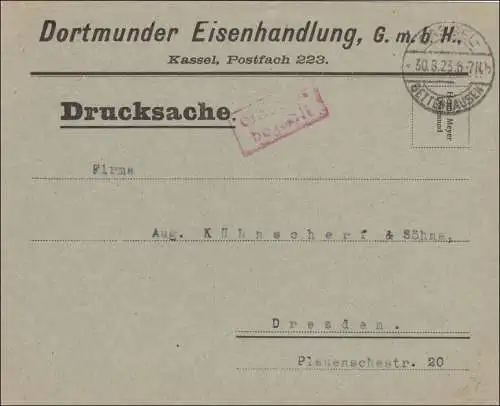 Gebühr bezahlt: Brief Drucksache von Kassel nach Dresden 1923