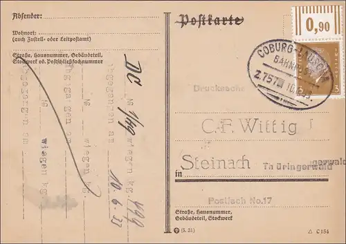 Bahnpost: Postkarte mit Zugstempel Coburg-Lauscha 1933, nach Steinach/Thüringen