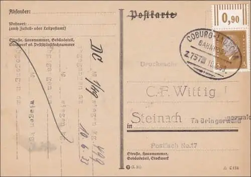 Bahnpost: Postkarte mit Zugstempel Coburg-Lauscha 1933, nach Steinach/Thüringen