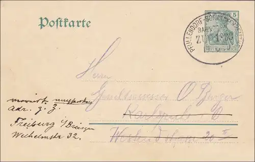 Bahnpost: Ganzsache Germania mit Zugstempel Pfullendorf-Schwackenbeuthe 1909