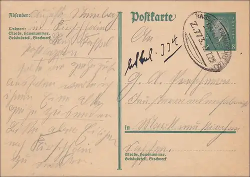 Poste ferroviaire: 1929 entier avec cachet de train Kassel-Francfort