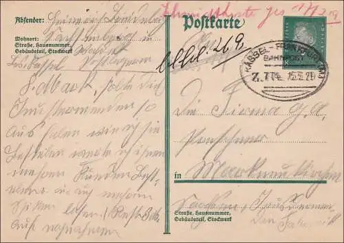 Poste ferroviaire: entier avec cachet de train Kassel-Francfort 1929