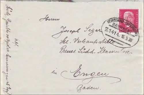 Bahnpost: Brief aus Emmendingen mit Zugstempel Konstanz-Offenburg 1930