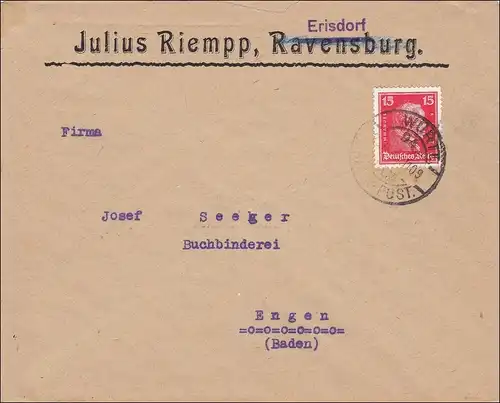 Bahnpost: Brief aus Erisdorf/Ravensburg mit Bahnpost Stempel 1909
