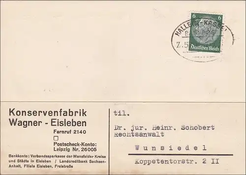 Bahnpost: Postkarte aus Eisleben nach Wunsiedel mit Zugstempel-Halle-Kassel 1937
