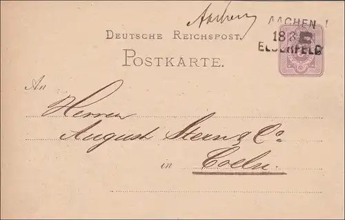 Bahnpost: Ganzsache aus Aachen mit Zugstempel nach Coeln 1876