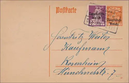 Poste ferroviaire: entier de Würzburg à Rosenheim 1920 avec cachet